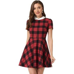 Allegra K Women's Peter Pan Collar Puff Short Sleeve A-line Tartan Dress Red S-8