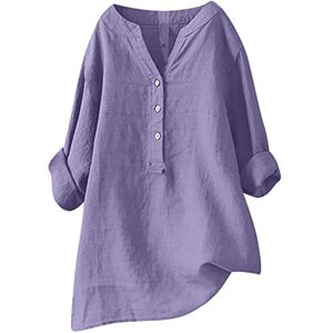 Amhomely Sale Clearance Summer Tunic Tops for Women UK Cotton Linen Blouse Rolled Sleeve Casual Shirts V Neck Loose Basic Blouse Business Casual Long Tops Ladies Elegant Party Oversized Tee Shirts Vacation Purple XL