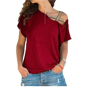 ASIYAN Tshirt Women's Short Sleeve Summer Off Shoulder Shirt Soft Tee Shirt Casual Irregular Short Sleeve T Shirt Shirts Womens Casual (Color : Burgundy, Size : 5XL)