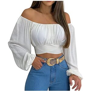 Women Blouse Shirt AMhomely Woman's Strapless Long SleeveSolid Color Off Shoulder Ruched Lantern Sleeve Crop Tops Vintage Work Shirt UK Size, White #2, XL