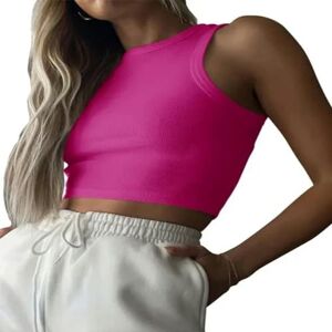 PENGXUAN ladies tops Knitted Khaki Autumn Women Tops Lady Crop Vest Solid Female Camis White Shoulder Ribbed Tank Tops -g1653 Pink-l