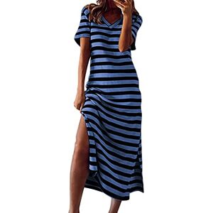 Summer Dress, Women's Long Casual Fashion Striped Maxi Dresses, Casual V-Neck Short Sleeve Dress, Ankle Length Side Split Party Dress, Beach Dresses, T-Shirt Dresses, Casual Dresses, blue, XXXL