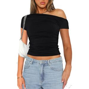 Yileegoo Women's Y2K Slim Fit Crop Tops Casual Solid Color Off Shoulder Crew Neck Long Sleeve Tight T-Shirt Basic Blouse Tee Tops (A11 Black1, M)