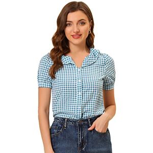 Allegra K Women's Gingham Plaid Shirts, Plaid Top for Women, Ruffle Collar Blouse, Short Sleeve Checked Shirt Tops Blue M-12