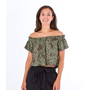 Hurley Women's Off Shoulder Top Shirt, Olive Night Frondy, XS