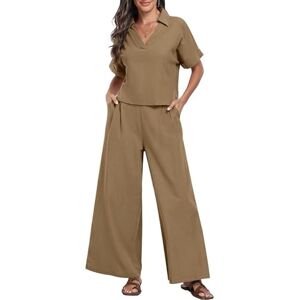 LCDIUDIU Ladies 2 Piece Wide Leg Pants Set, Black V-Neck Rolled Short Sleeves T-Shirt Crop Top Elastic Waist Straight Leg Trousers Lounge Co Ord Sets Summer Casual Going Out Matching Sets Khaki M