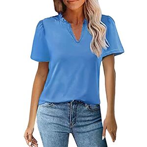 Women Shirts YRxUIAI Women's Summer T Shirt Short Sleeved Top with Earthen Hem and V Neck Pleated Blouse Short Sleeved Casual Shirt Work Office Wear Clothing (Blue, XXL)
