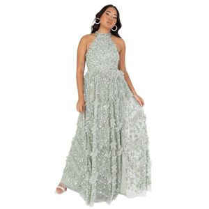 Maya Deluxe Women's Maxi Dress Ladies Halterneck Sleeveless Sage Sequin Embellished Ruffles Split Slit A-line Evening Ball Gown Green Lily 6