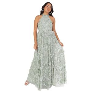 Maya Deluxe Women's Maxi Dress Ladies Halterneck Sleeveless Sage Sequin Embellished Ruffles Split Slit A-line Evening Ball Gown Green Lily 14