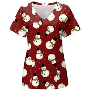 SHITOUJI Christmas Working Uniforms for Women Xmas Scrub Uniform Tunic Tshirts Short Sleeve V Neck Tops Snowman Printing Uniform Blouse Shirts