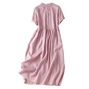 Summer Dresses for Women UK Elegant Ladies Linen Dresses Short Sleeve Maxi Dress Tunic Pleated Swing Dresses Half Button Solid Loose Pullover Dresses Holiday Party Dresses Pink