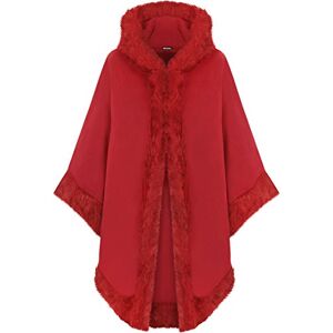 WearAll Women's Plain Faux Fur Trim Hood Cape Shawl Cloak Poncho Coat Top - Red - One Size