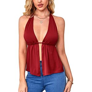 VIDUSSA Women Halter Vest Tops Slit Front Backless Tank Top Shirts Strap Cami Crop Top Red XXL