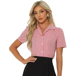 Allegra K Summer Gingham Blouse for Women's Short Sleeve Vintage Button Down Plaid Shirt Top Red M