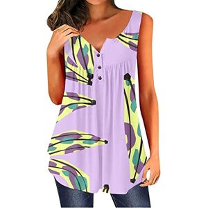 Generic Women Summer V Neck Longline Casual Button Down Cotton Linen Shirts Tanks Tops Rayon Tops Women Ladies Summer Loose Border Fashion 3D Sleeveless Printed T Shirt Vest Casual Short Sleeve (Purple, XXL)