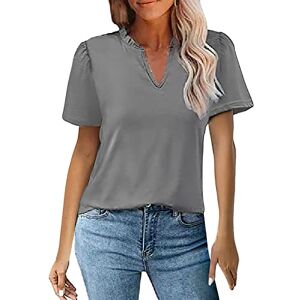 Women'S Shirts YRxUIAI Women's Summer T Shirt Short Sleeved Top with Earthen Hem and V Neck Pleated Blouse Short Sleeved Casual Shirt Work Office Wear Clothing (Grey, XXL)