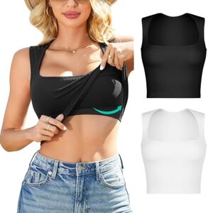 Generic Women Built in Bra Crop Top 2 Piece Ribbed Camisole Square Neck Workout Vest Tank Top Black/White L