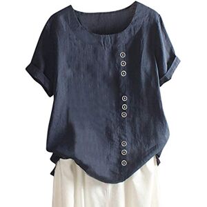 Generic Short Sleeve Cotton Linen Blouse for Women UK Solid Colour Round Neck Button Down Tops Ladies Summer Baggy T Shirts Casual Going Out Tunics Navy