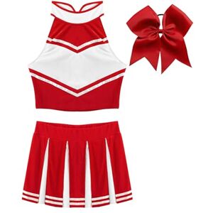 iiniim Cheer Leader Outfit for Women Musical Uniform Sleeveless Crop Top+Mini Pleated Skirt+Bowknot Headwear 01Red S