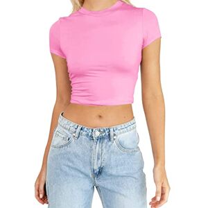 80er Kostüm Damen Clothes Teenager Summer Short Sleeve Cute Crop Tops Casual Basic Crew Neck Slim Fit T-Shirts Knitted Top Women, pink, S