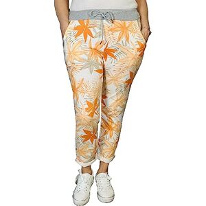 c2pwear Womens Elasticated Waist Turn Up Italian Trousers Side Pocket Drawstring Summer Pants (Orange Leaf Print UK 12-14)