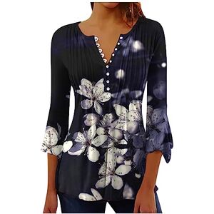 Kuih Womens Tunic Tops 3/4 Sleeves Ladies V Neck Flower Printed Top Casual Loose Comfy Breathe Blouse Elegant Button UP Pullover T-Shirt for Party Dance Office