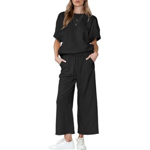 LCDIUDIU Oversized Wide Leg Sweat Pants And Top Set Women Summer 2 Piece Outfits,Black Round Neck Striped Texture Loose Short Sleeve T-Shirt Casual Tracksuit Jogging Loungewear Co Ord Sets Black Xxl