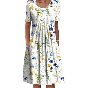 Achinel Women's Floral Print Midi Dresses Ladies Crew Neck Short Sleeve T Shirt Dress Summer Sundress Casual Boho Bohemian Dress No. 2 Color S