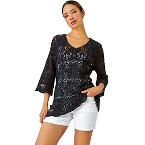 Roman Cotton Crochet Tunic for Women UK Ladies Cotton Lace Top Blouse Crinkle Embroidered Eyelet Broderie Anglaise Spring Summer Beach Holiday Cool Loose Jumper Cover Up - Black - Size 18