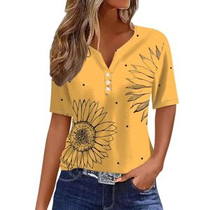 Clodeeu Women's V Neck Shirts Summer Short Sleeve Button Tops Sunflower Print Casual Going Out Blouse Baggy Elegant Tees