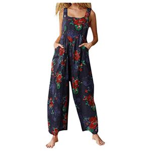 Binggong Women's Dungarees Retro Long Jumpsuit Summer Jumpsuit Baggy Patchwork Vintage Print Jumpsuit Button Sling Jumpsuit with Pocket Summer Trousers Wide Leg Trousers Loose Playsuit Leisure Trousers