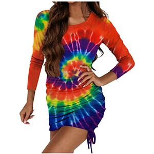 Briskorry Bodycon Dress Women's Tie Dye Sexy Sheath Dress with Drawstring Elegant Slim Long Sleeve Knee-Length Dress O Neck Stretch Tight Mini Dress Commuter Dress Evening Dress