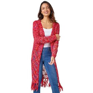 Roman Fringed Hem Mixed Yarn Longline Cardigan for Women UK - Ladies Autumn Everyday Winter Holiday Long Sleeve Soft Lightweight Comfy Edge to Edge Sweaters - Red - Size 16