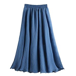 ORANZT Women's Linen Skirt Elastic Waist Band Long Maxi Skirt Bohemian Style Double Layer Solid Colour Crinkled Skirt Flush Hem - Blue
