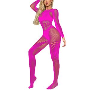 CHICTRY Womens Fishnet Sheer Mesh Bodycon Dress See-Through Long Sleeve Dresses Cutout Chemise 4# Hot Pink One Size