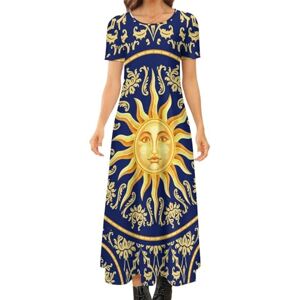 Songting Celestial Baroque Blue Gold Sun Face Women's Summer Casual Short Sleeve Maxi Dress Crew Neck Printed Long Dresses 8XL