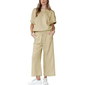 LCDIUDIU Oversized Wide Leg Sweat Pants And Top Set Women Summer 2 Piece Outfits,Black Round Neck Striped Texture Loose Short Sleeve T-Shirt Casual Tracksuit Jogging Loungewear Co Ord Sets Beige L