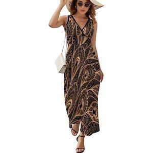 Rivngjde9438 Gold Abstract Peacock Feathers Maxi Dress for Women Sleeveless Long Summer Dresses Beach Dresses A Line L