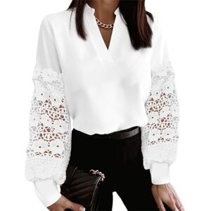 Tainrunse Women Loose Fit Shirt Long Sleeve Women's Patchwork Color Office Lady V-neck Lace Splicing See-through Puff Blouse Elegant Pullover White S