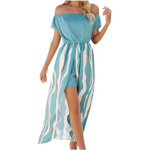 Women's Summer Dresses Off Shoulder Short Sleeve Elastic Waist Casual Chiffon A-Line Swing Maxi Dress with Shorts High Split Elegant Dress Business Work Dresses Holiday Beach Long Sundress Green