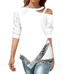 Mumeomu Womens Off Shoulder Tops Sequin Tops Plus Size Asymmetrical Neck Sparkle Top Shimmer Glitter Long Sleeve T-Shirt Tunic Solid Irregular Blouse Tops T-Shirt Blouse UK White
