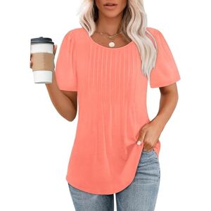 hixswnu Women's Puff Short Sleeve Tunic Tops Pleated Crew Neck Blouses Dressy Casual Loose Spring and Summer T-Shirts,pink,XXL