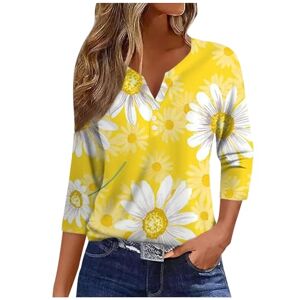 Generic Summer Women's V Neck 3/4 Sleeve Tops Floral Print Loose Tees Comfortable Button Womens Tshirts Casual Office Work Shirts for Running,Beach,Indoor&Outdoor Yellow