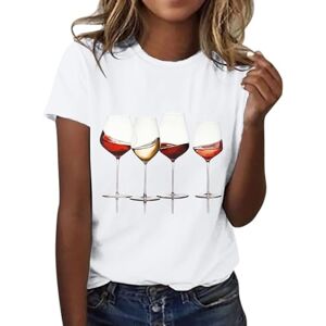 Generic Short Sleeve Blouse for Women UK Wine Glass Print Round Neck Tops Ladies Summer Baggy T Shirts Casual Dressy Going Out Tunics