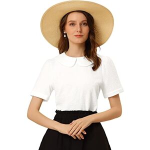 Allegra K Peter Pan Collar Blouse for Women's Floral Jacquard Puff Short Sleeve Kawaii Top White 12