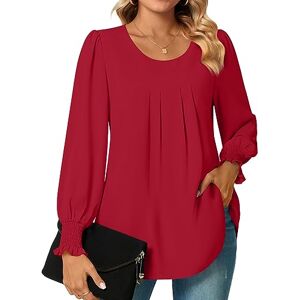 Bestbee Womens Long Sleeve Tunic Tops Dressy Chiffon Blouses Crew-Neck Smocked Cuffs Sleeve Shirts Casual T-Shirts Ladies Pleated Tops, Red, L