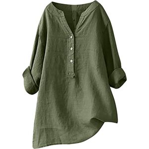 Yolimok Summer Cotton Linen Tops for Women UK, 2024 Womens Casual 3/4 Sleeve Buttons V Neck Loose Blouse Dressy Ligntweight Plus Size Shirts Oversized Tees Dressy Blouses Office Work Blouse Army Green