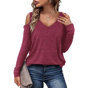 Florboom Long Sleeve Tunic Tops for Women V-Neck Cold Shoulder Tunics Casual Tshirts, Claret Size 12 14