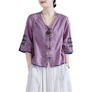 Hinewsa Retro Embroidered Button Cotton Shirt Women 'S Summer Chinese Style Loose Short V-Neck Blouse Tops Purple