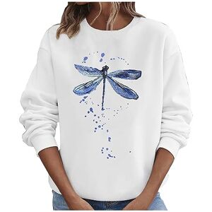 RLEHJN Womens Tops UK Sale Clearance Casual Sweatshirts Round Neck Long Sleeve T-Shirt Ladies Jumpers Lightweight Sweater Dragonfly Print Pullover Comfortable Blouse Tops Loose Loungewear S-3XL White